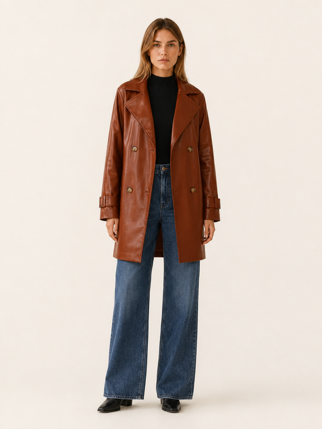 Arden | Faux Leather Trench Jacket with Double-Breasted Front