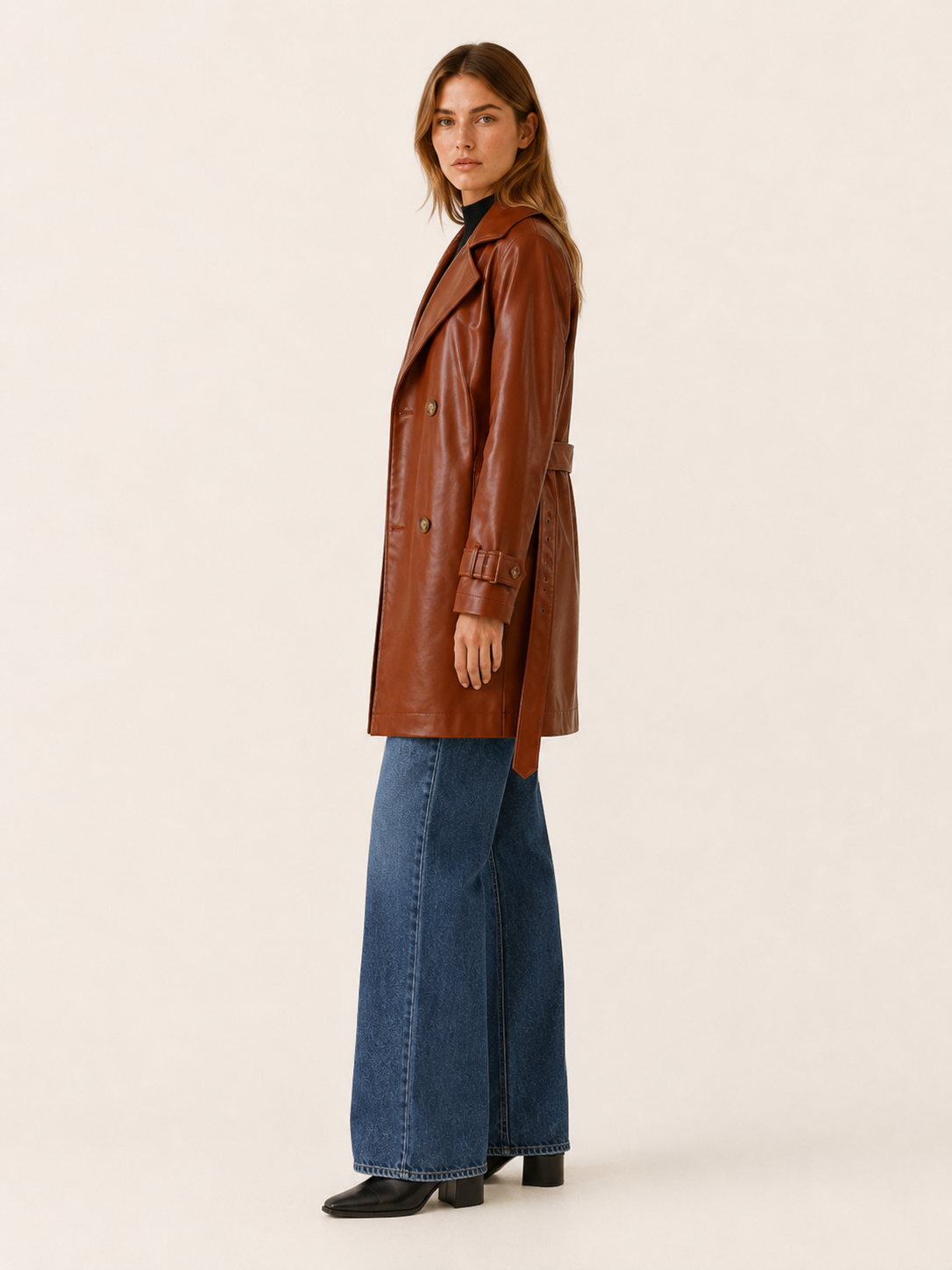 Arden | Faux Leather Trench Jacket with Double-Breasted Front