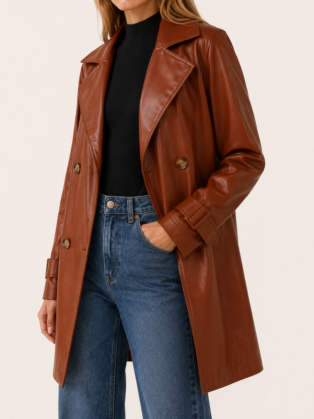 Arden | Faux Leather Trench Jacket with Double-Breasted Front