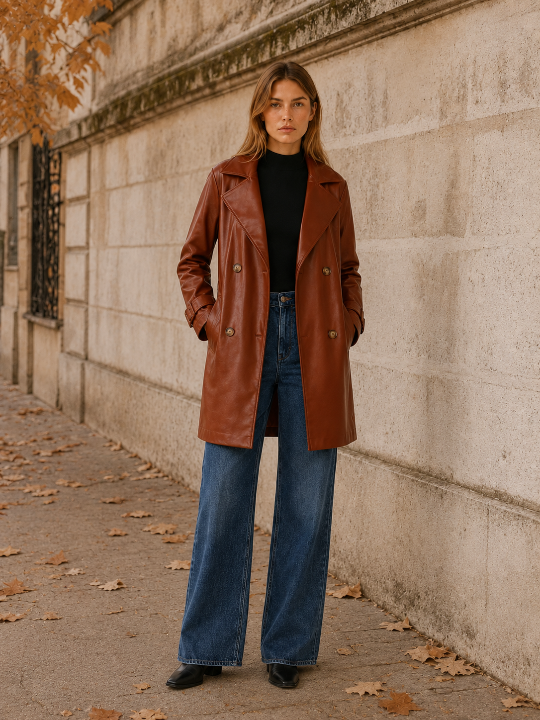 Arden | Faux Leather Trench Jacket with Double-Breasted Front
