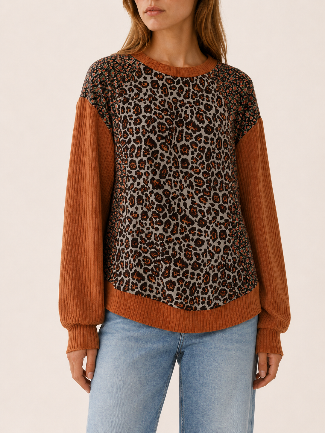 Arietta | Women's Leopard Print Sweatshirt with Floral Panels
