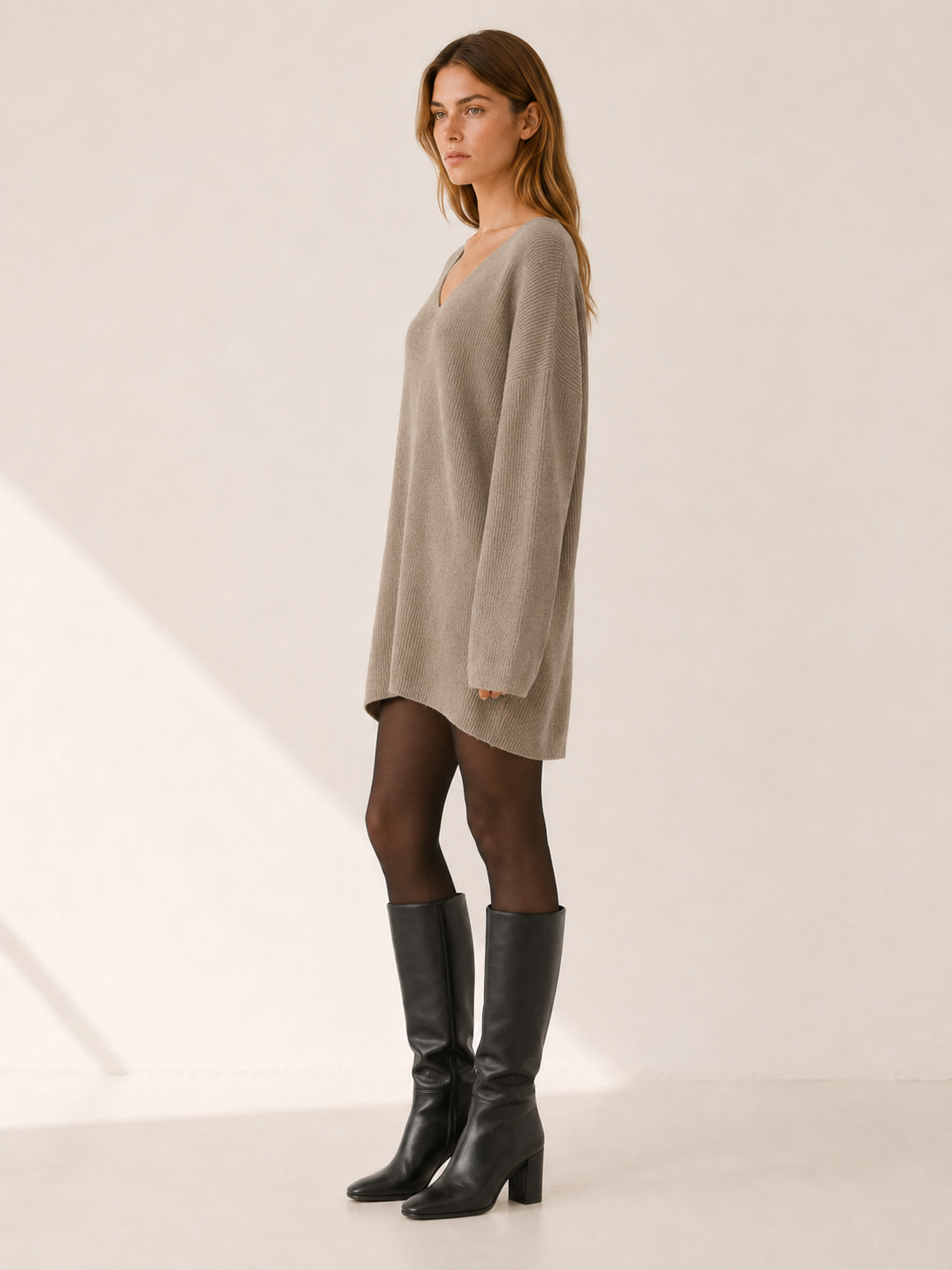 Auralisse | Sweater Dress with V-Neck and Dropped Shoulders