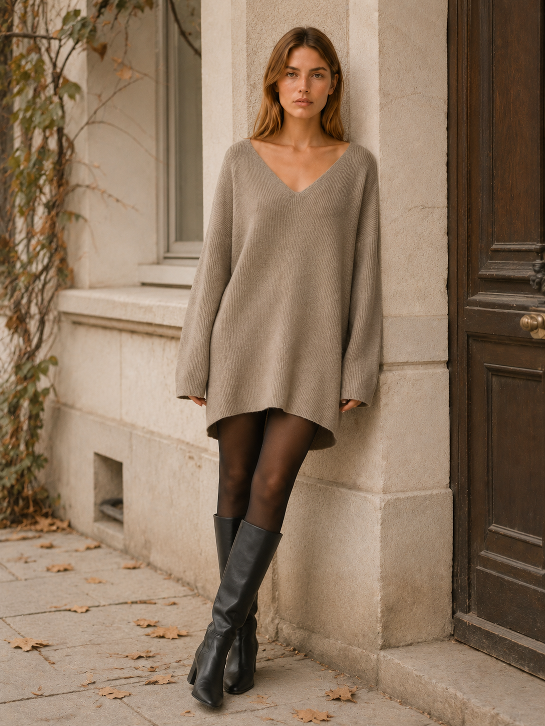 Auralisse | Sweater Dress with V-Neck and Dropped Shoulders