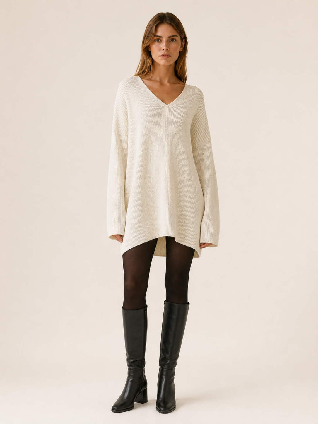Auralisse | Sweater Dress with V-Neck and Dropped Shoulders