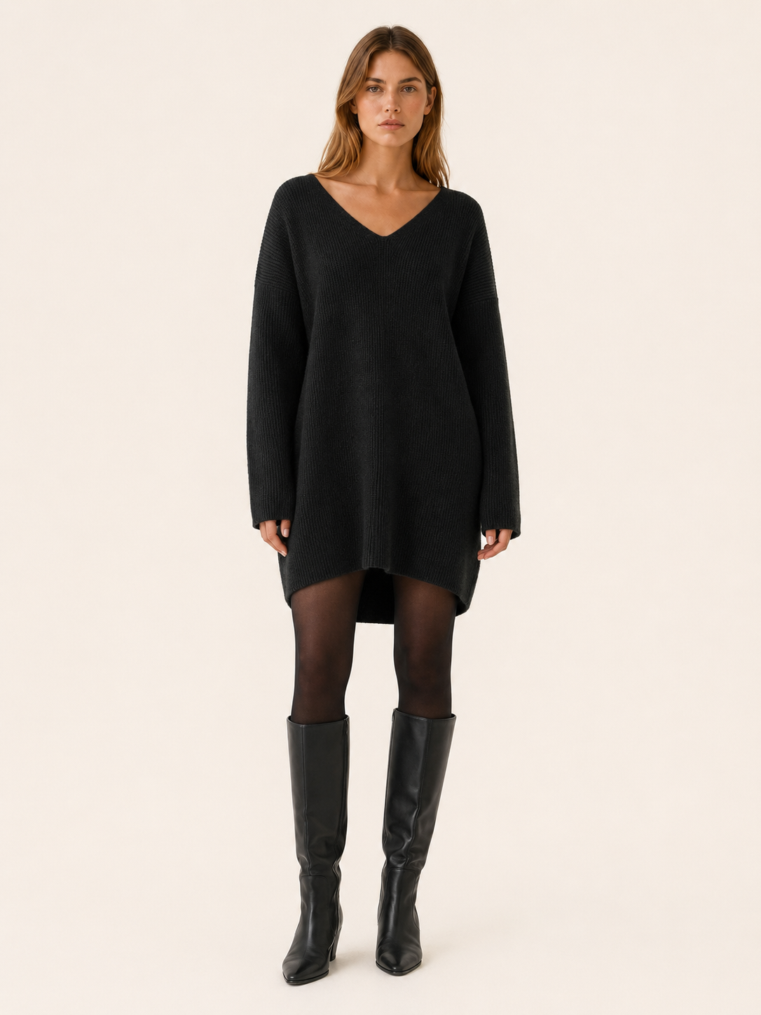 Auralisse | Sweater Dress with V-Neck and Dropped Shoulders