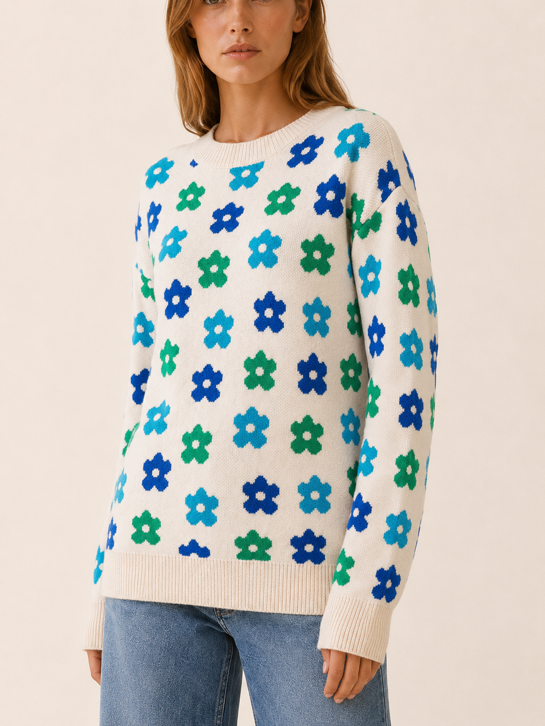 Aurembia | Floral Sweater with Crew Neck and Relaxed Fit