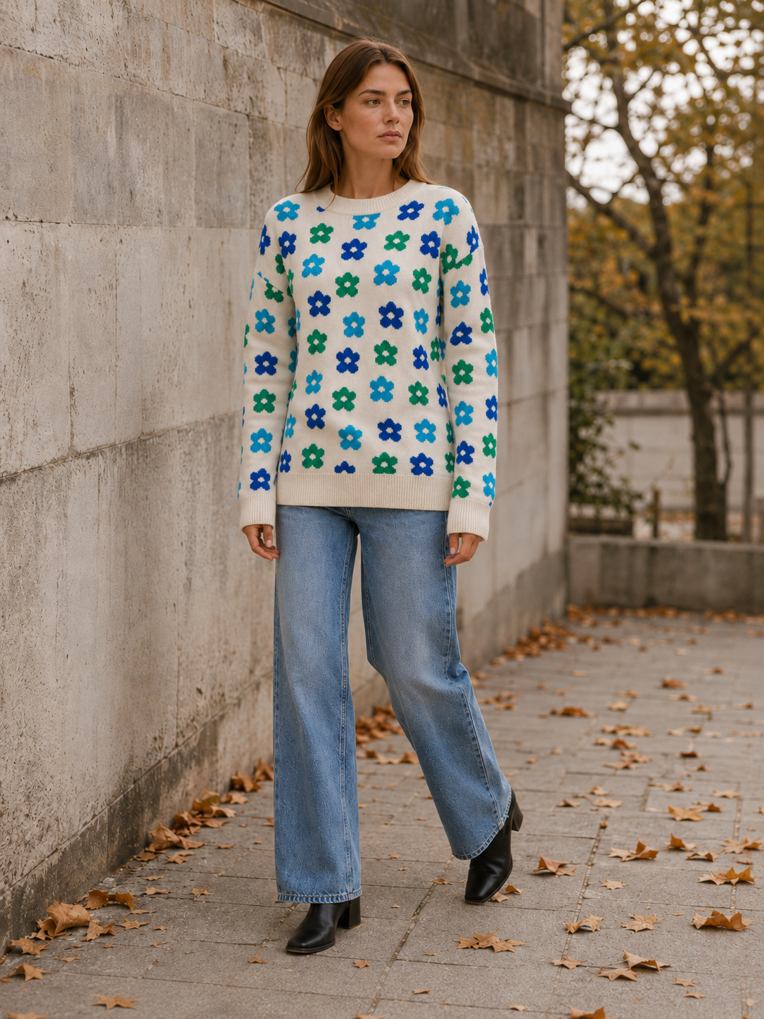 Aurembia | Floral Sweater with Crew Neck and Relaxed Fit