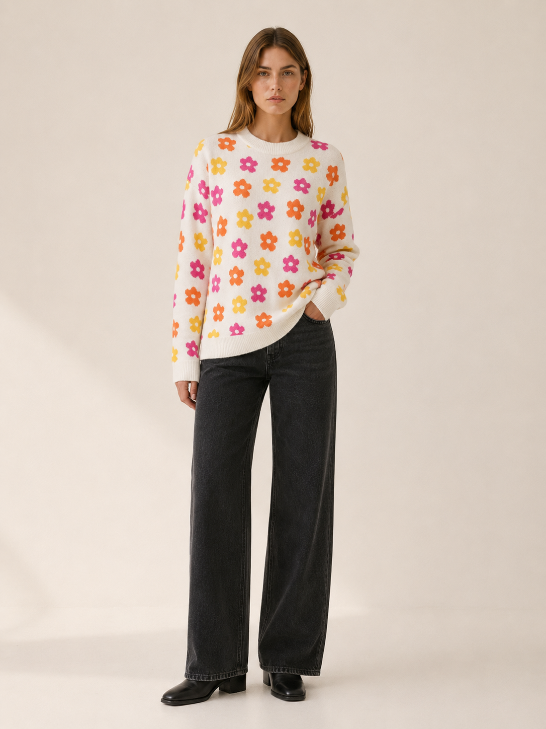 Aurembia | Floral Sweater with Crew Neck and Relaxed Fit