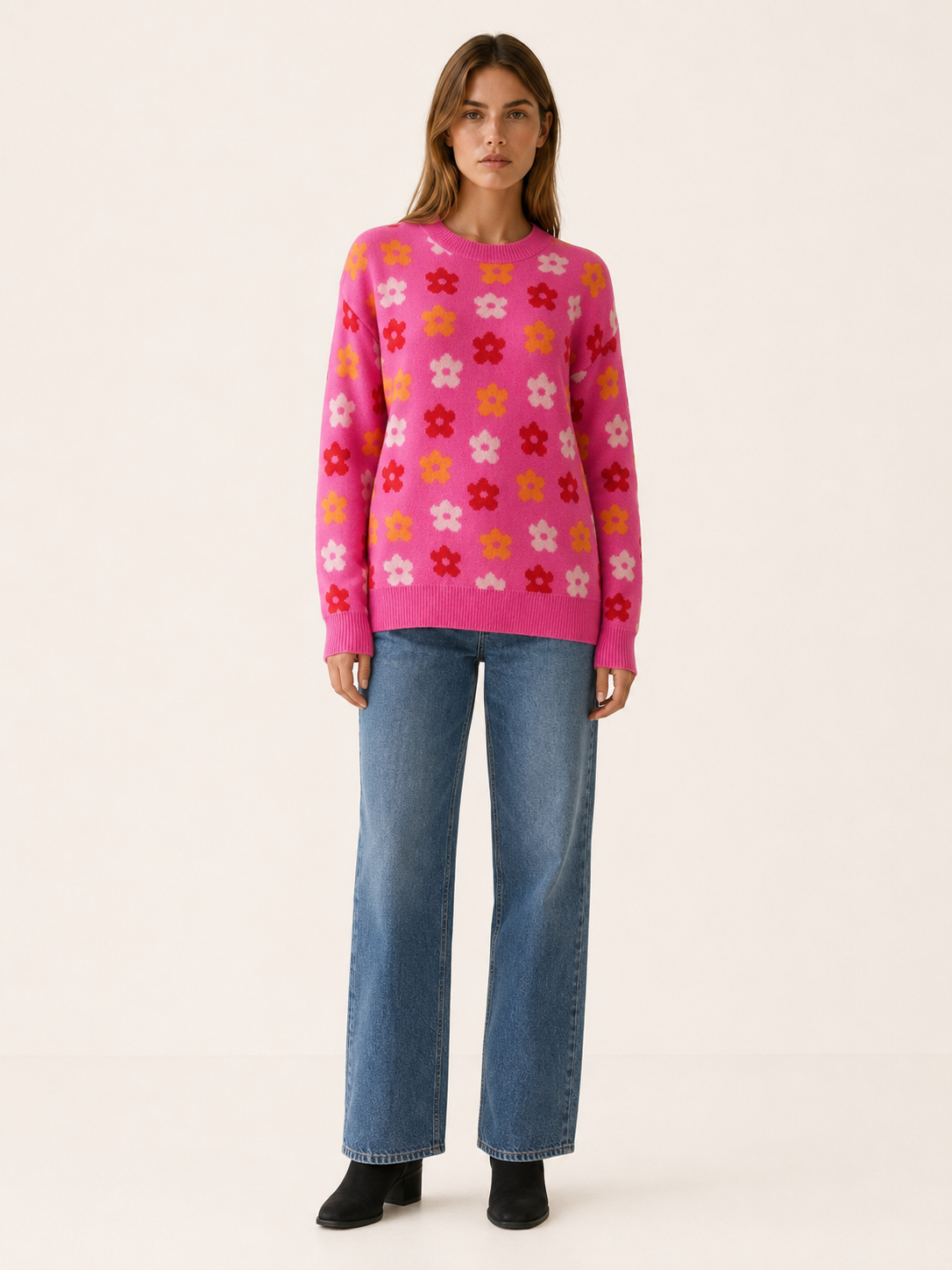 Aurembia | Floral Sweater with Crew Neck and Relaxed Fit