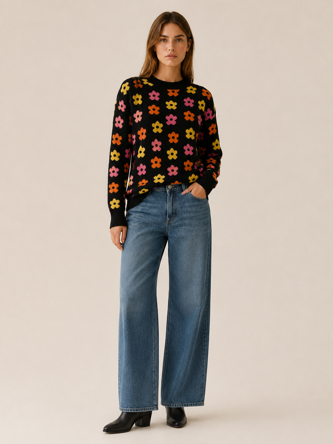 Aurembia | Floral Sweater with Crew Neck and Relaxed Fit
