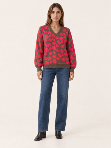 Auvressa | V Neck Sweater with Leopard Print and Oversized Fit