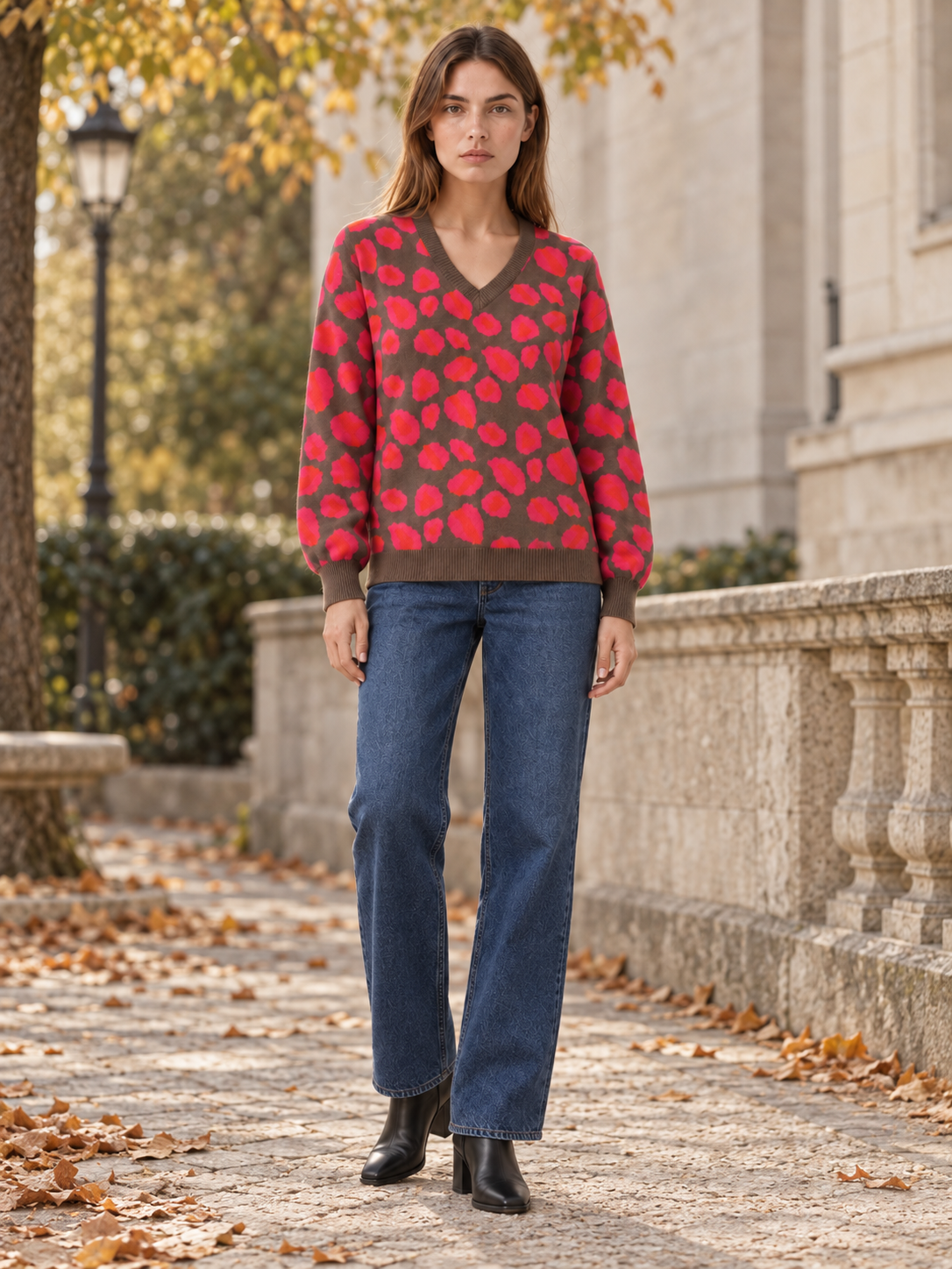 Auvressa | V Neck Sweater with Leopard Print and Oversized Fit
