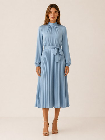 Avani | Pleated Midi Dress with Long Sleeves and Tie Waist