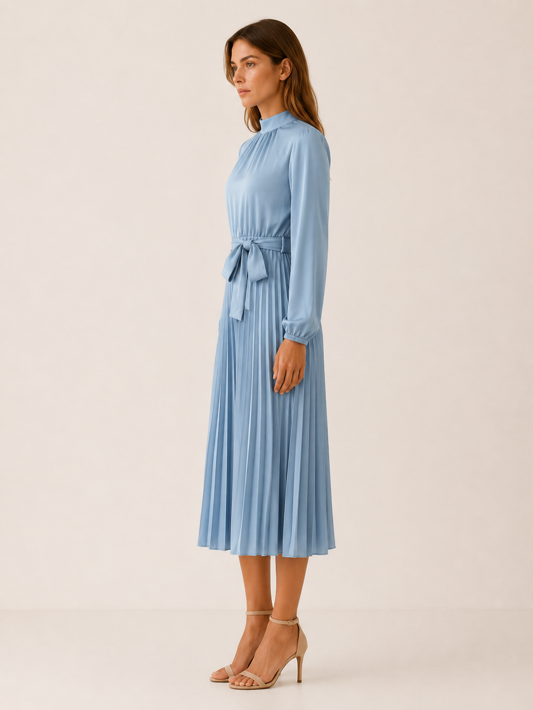 Avani | Pleated Midi Dress with Long Sleeves and Tie Waist
