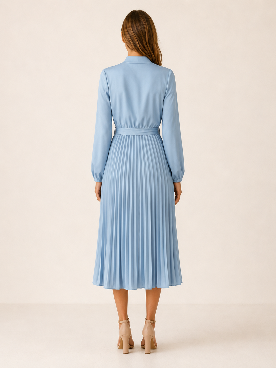 Avani | Pleated Midi Dress with Long Sleeves and Tie Waist