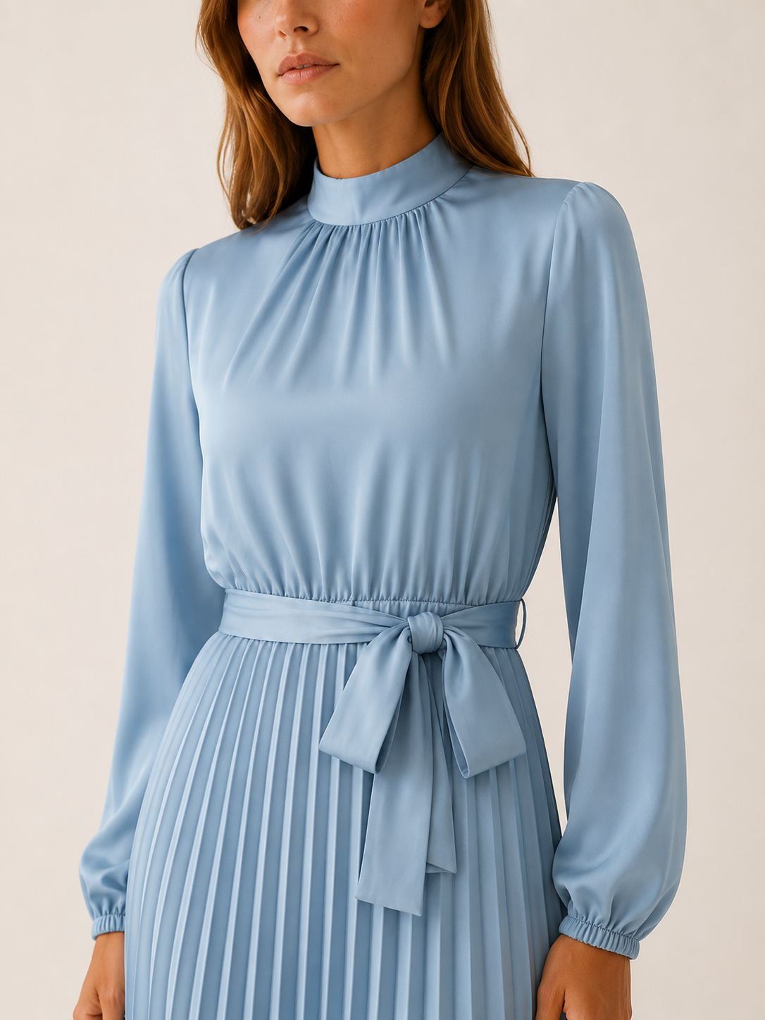 Avani | Pleated Midi Dress with Long Sleeves and Tie Waist