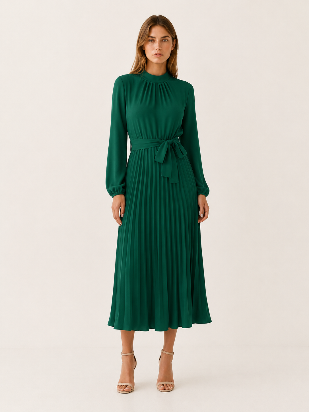 Avani | Pleated Midi Dress with Long Sleeves and Tie Waist