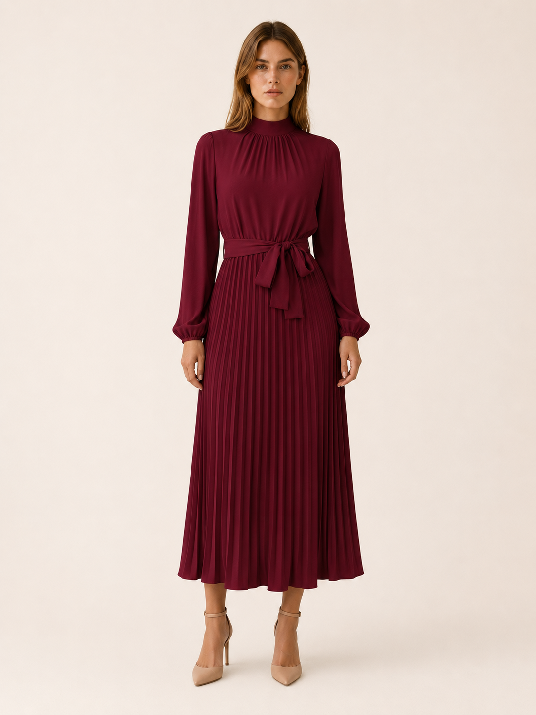 Avani | Pleated Midi Dress with Long Sleeves and Tie Waist