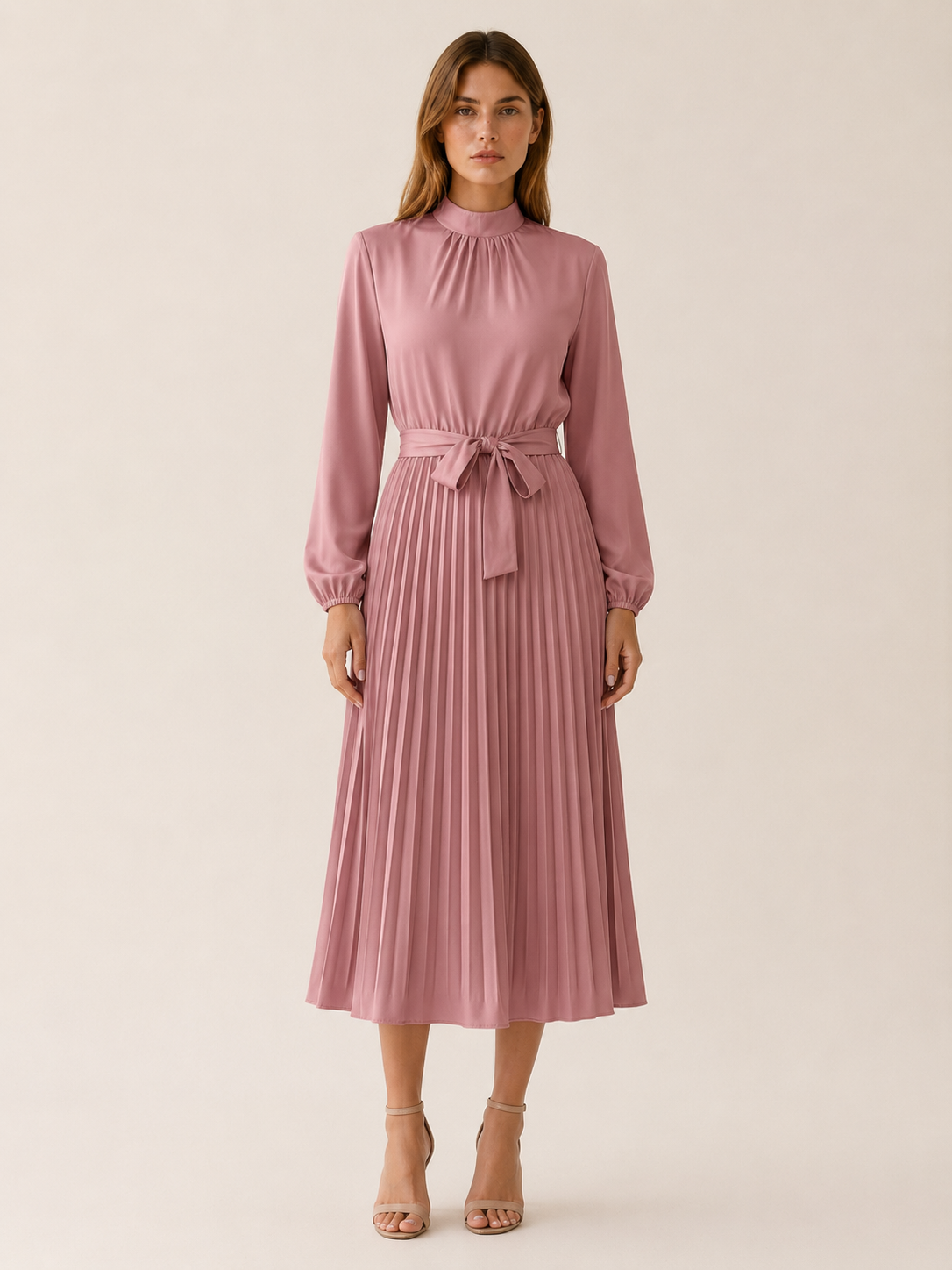 Avani | Pleated Midi Dress with Long Sleeves and Tie Waist