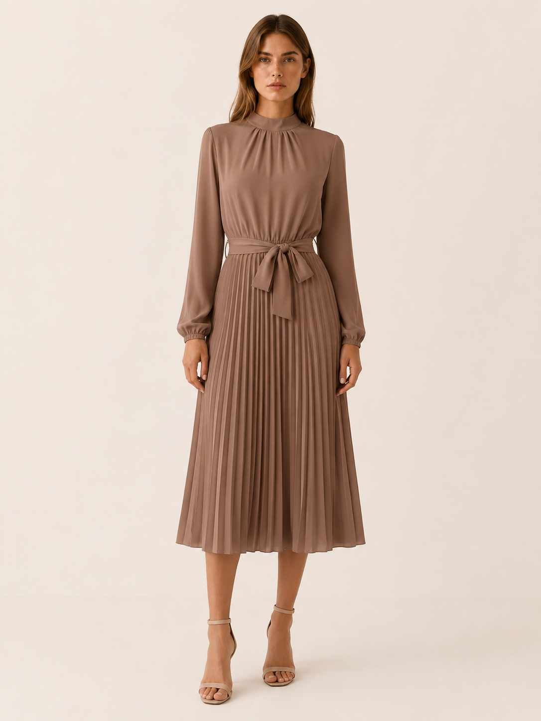 Avani | Pleated Midi Dress with Long Sleeves and Tie Waist