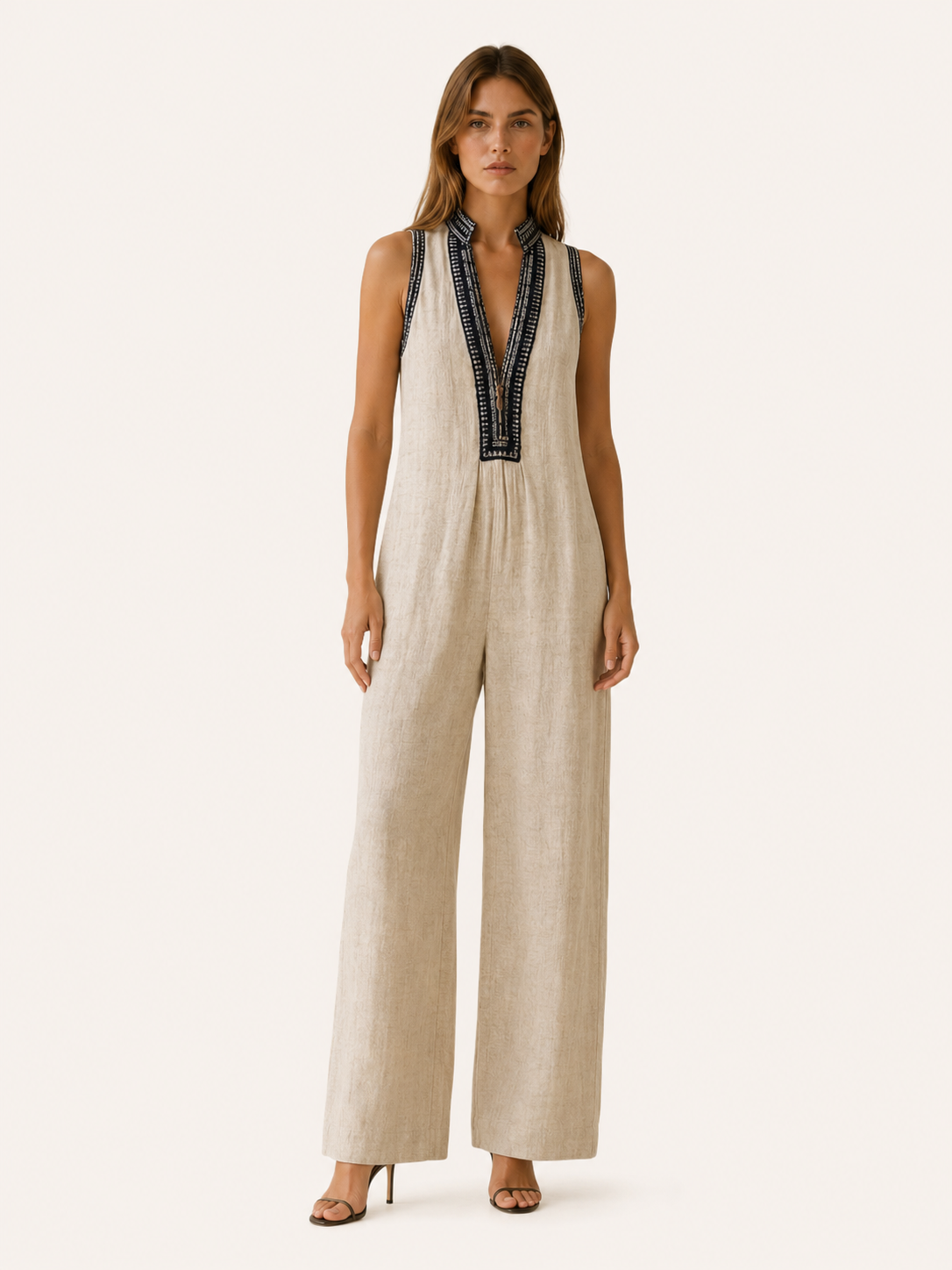 Avelyn | Embroidered Jumpsuit with V Neck Wide Leg Fit