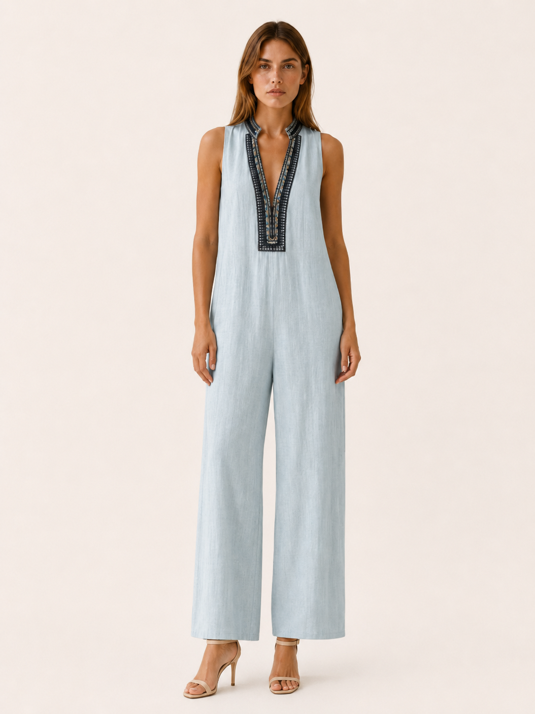 Avelyn | Embroidered Jumpsuit with V Neck Wide Leg Fit