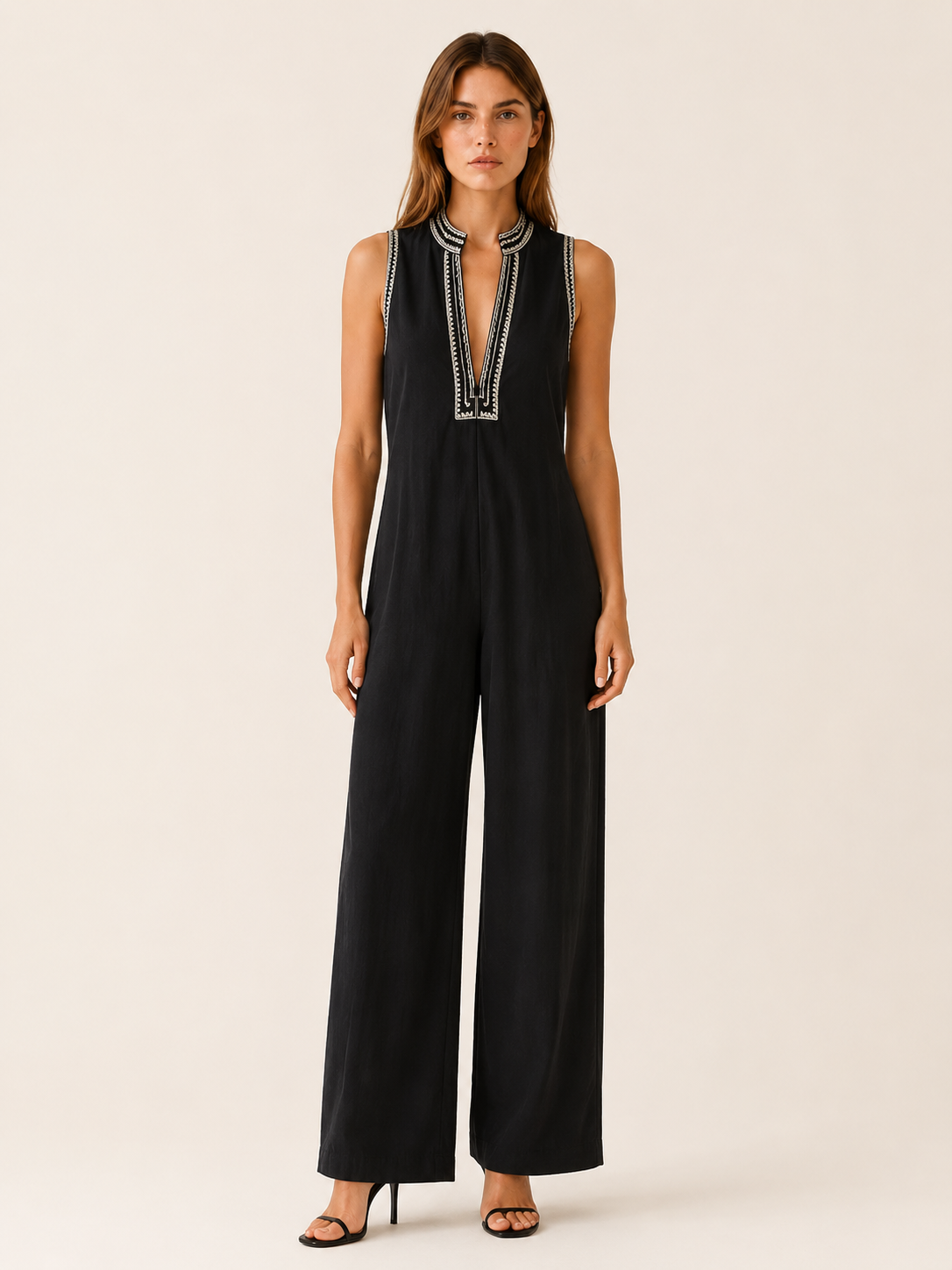 Avelyn | Embroidered Jumpsuit with V Neck Wide Leg Fit