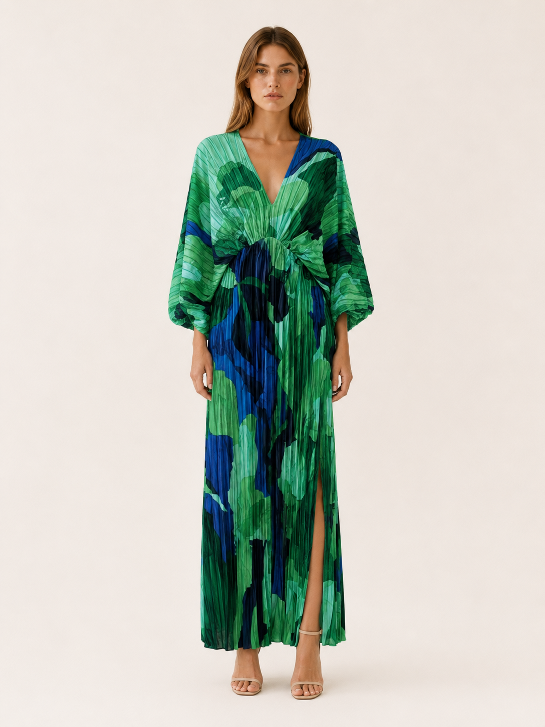 Aviva | Printed Maxi Dress with V Neck and Pleated Finish