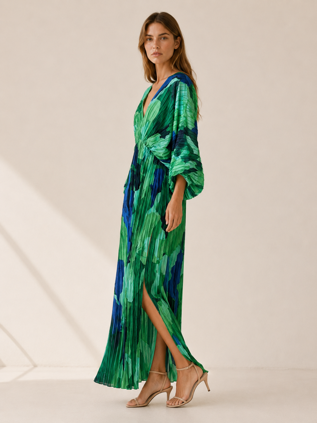 Aviva | Printed Maxi Dress with V Neck and Pleated Finish