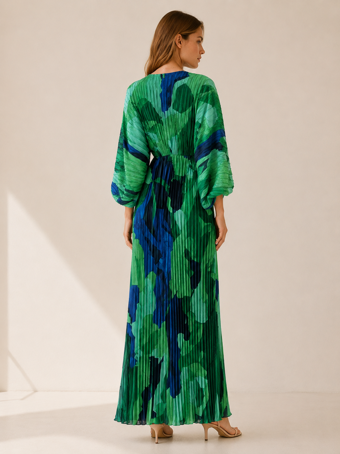 Aviva | Printed Maxi Dress with V Neck and Pleated Finish