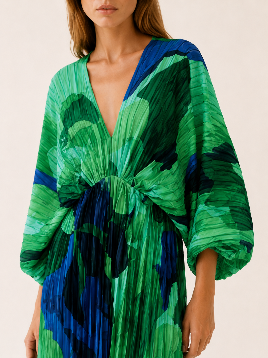 Aviva | Printed Maxi Dress with V Neck and Pleated Finish