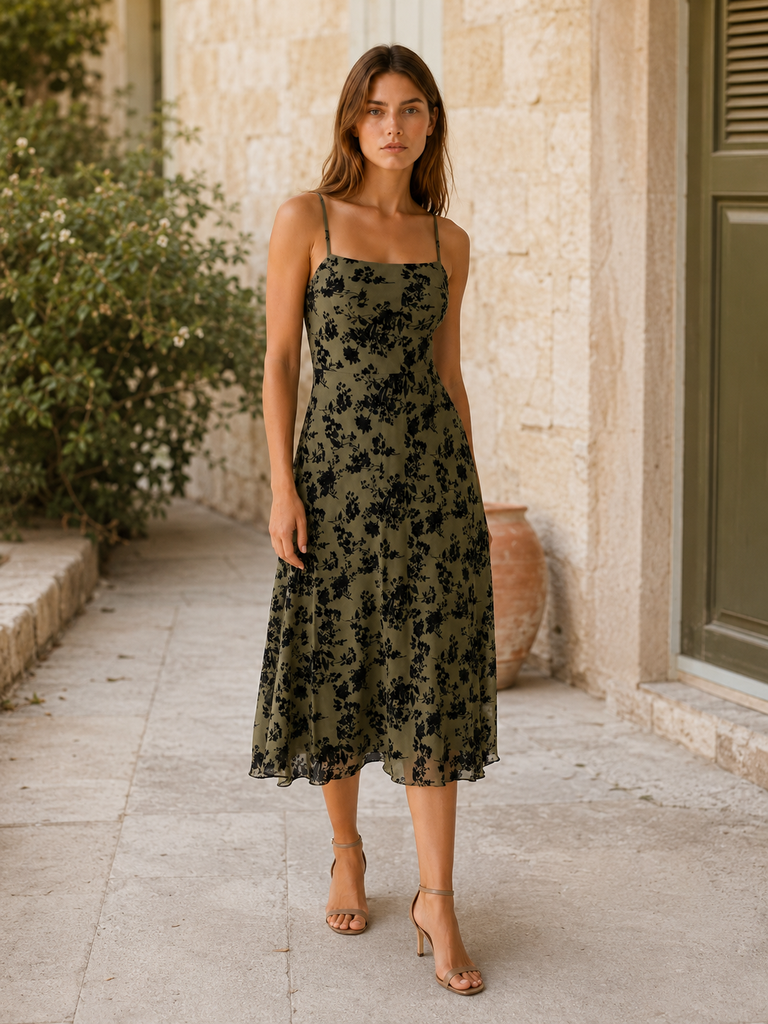 Bella | Floral Midi Dress with Square Neckline