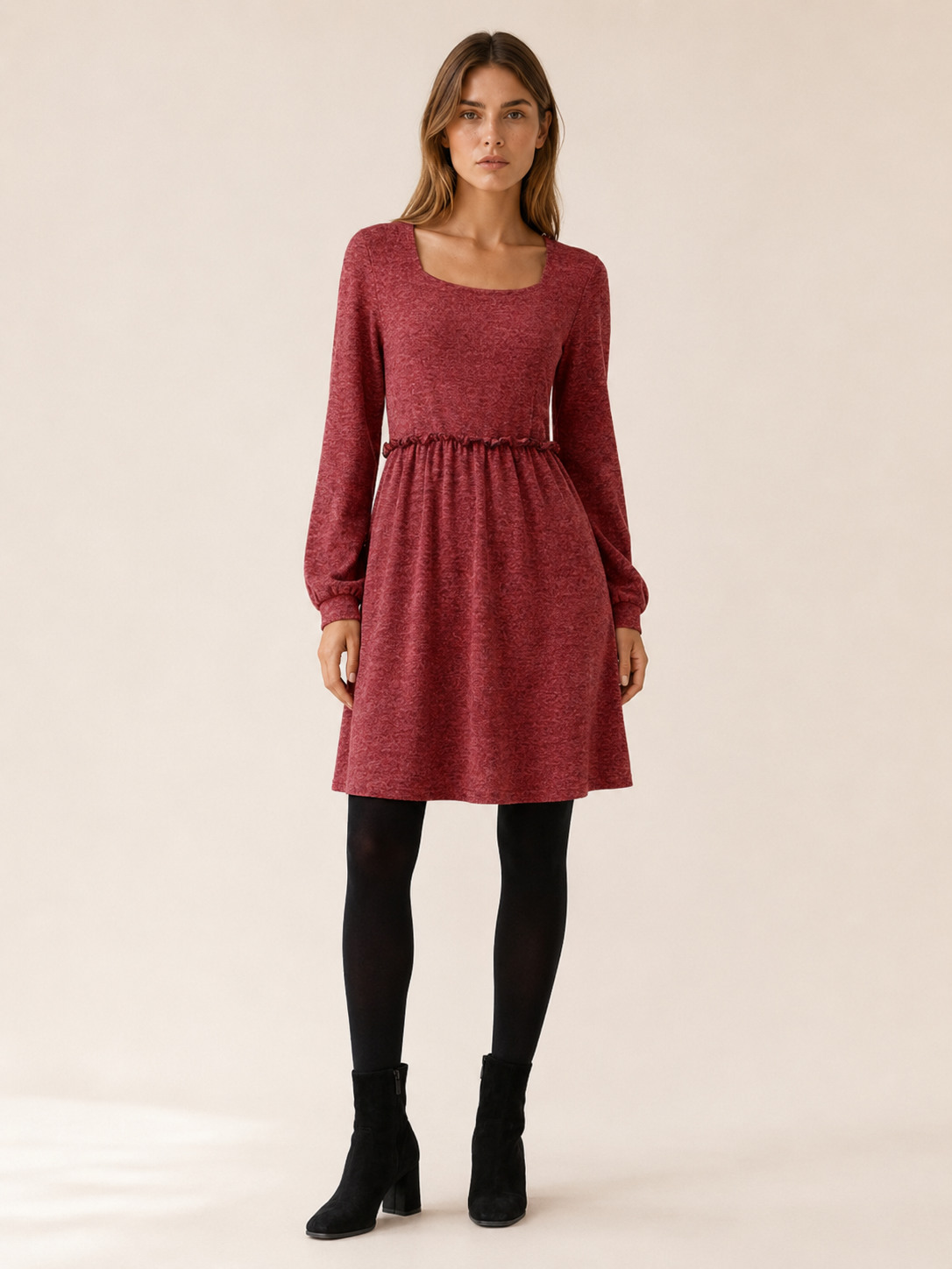 Bianca | Women's Square Neck Frill Mini Dress with Long Sleeves