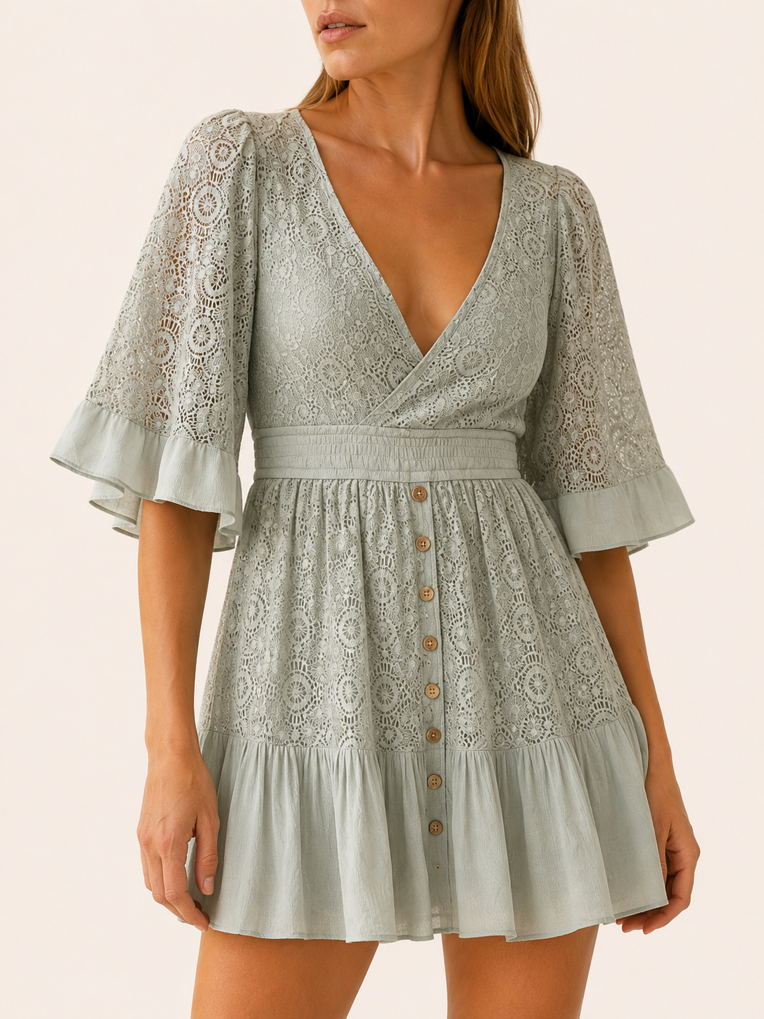 Breslyn | Lace Mini Dress with V Neck Ruffle Sleeve Detail