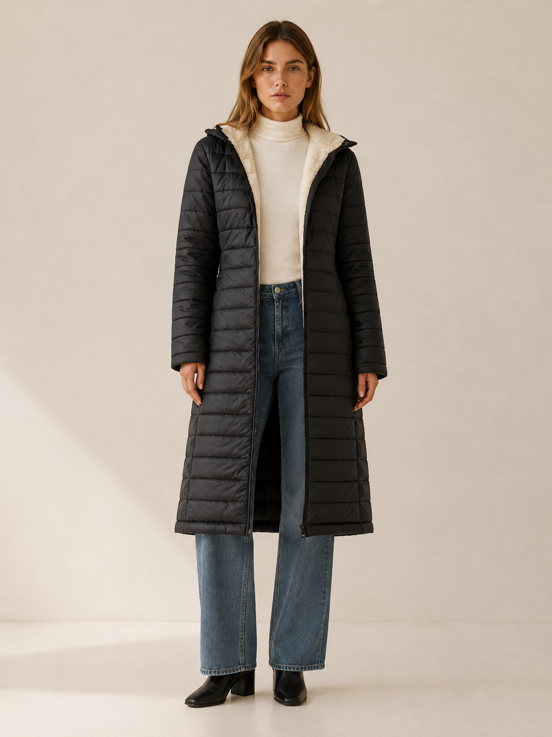 Bria | Women's Longline Puffer Coat with Hood and Zip Front