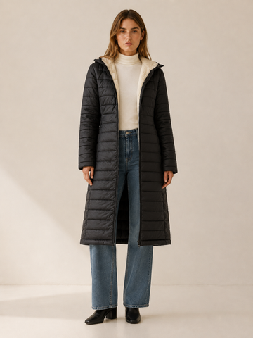 Bria | Women's Longline Puffer Coat with Hood and Zip Front