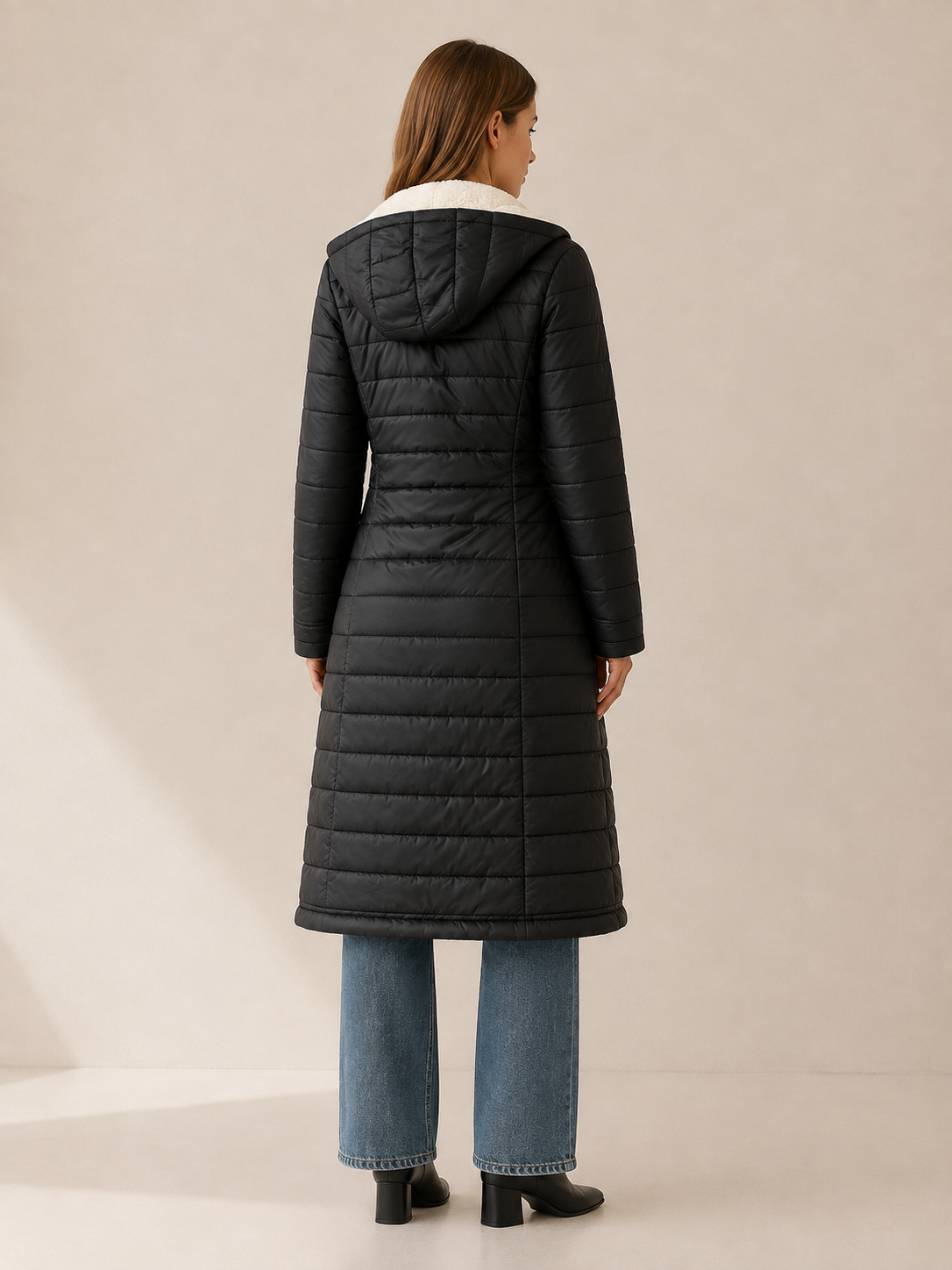 Bria | Women's Longline Puffer Coat with Hood and Zip Front