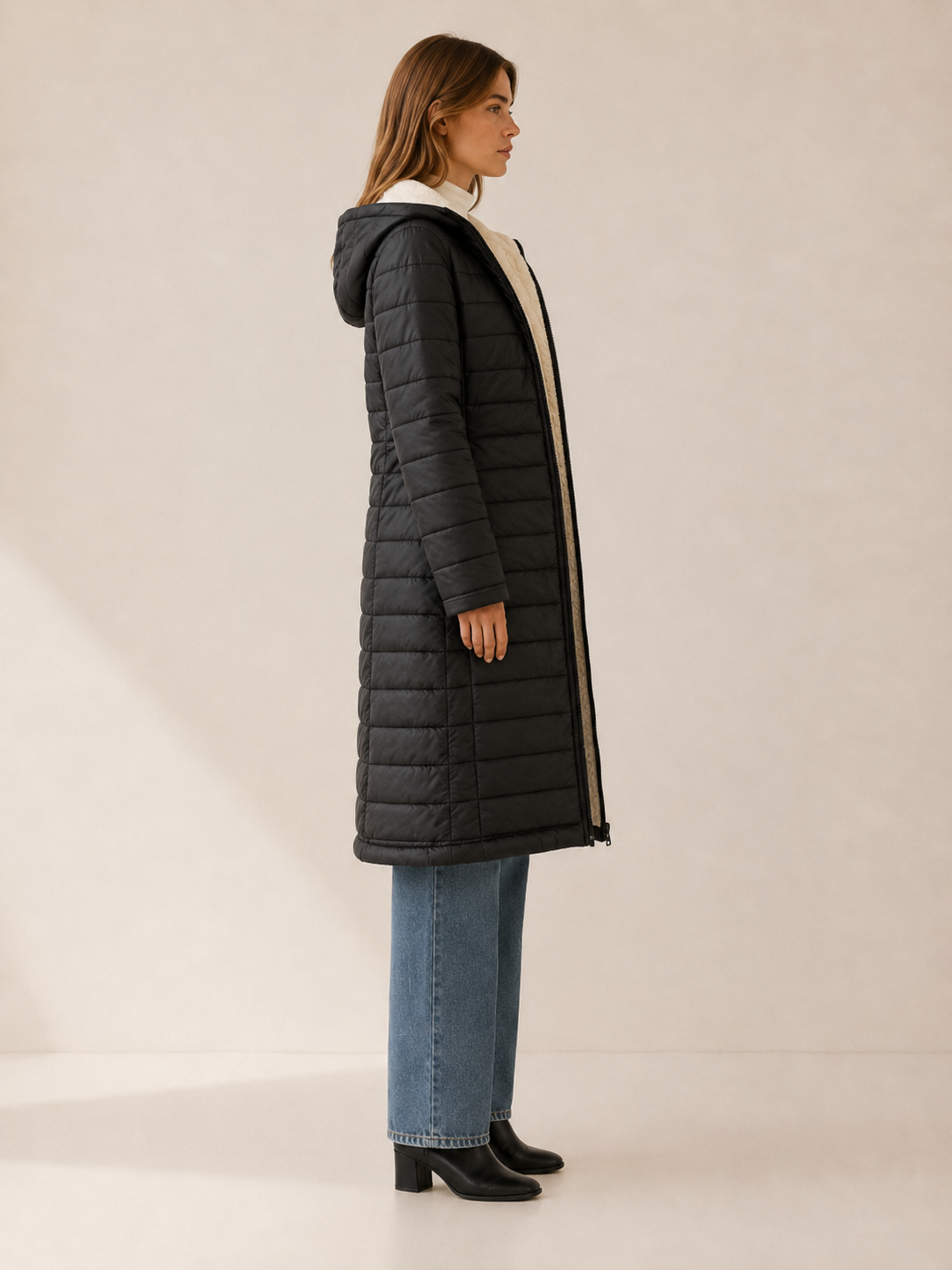 Bria | Women's Longline Puffer Coat with Hood and Zip Front