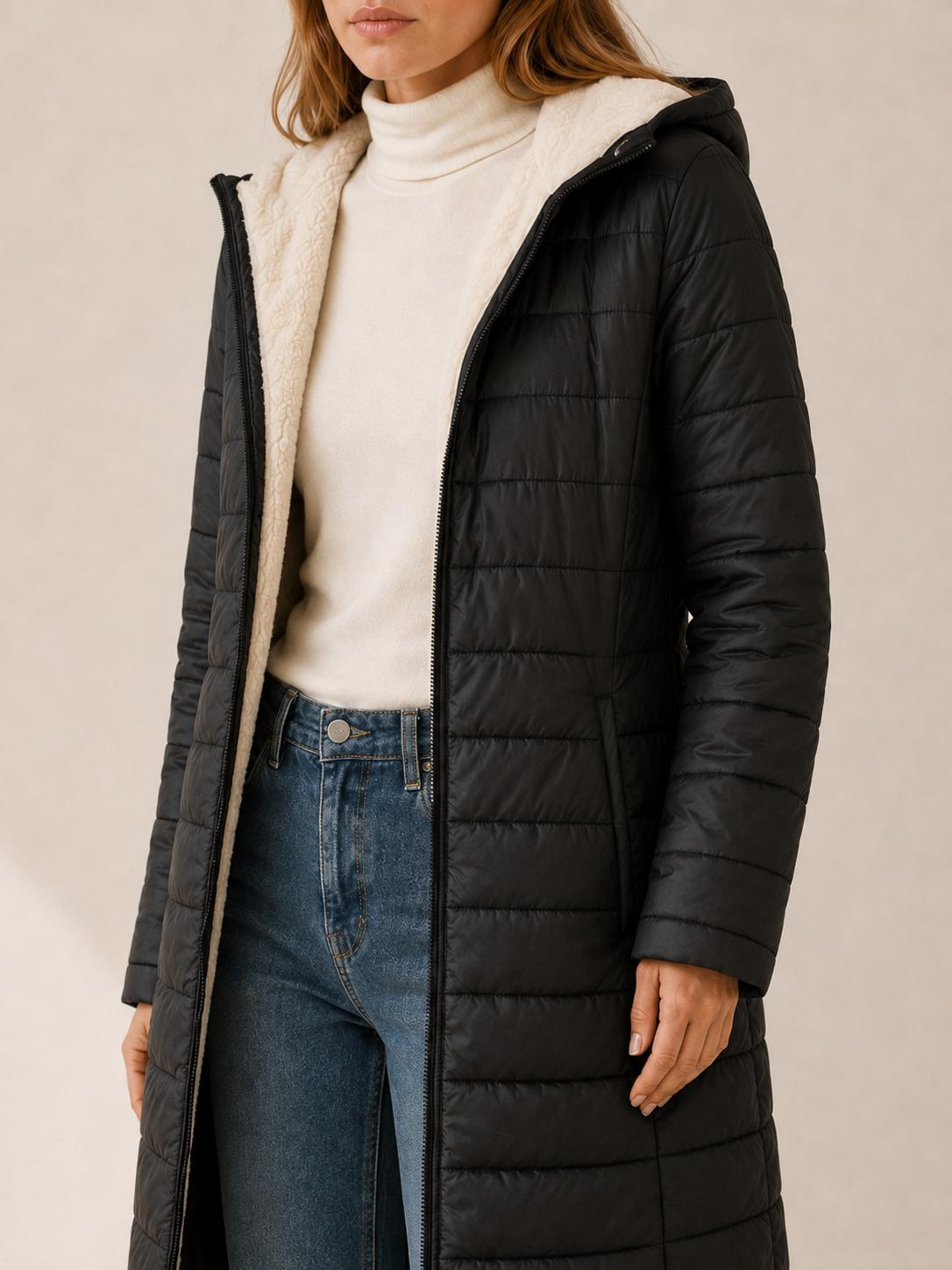 Bria | Women's Longline Puffer Coat with Hood and Zip Front