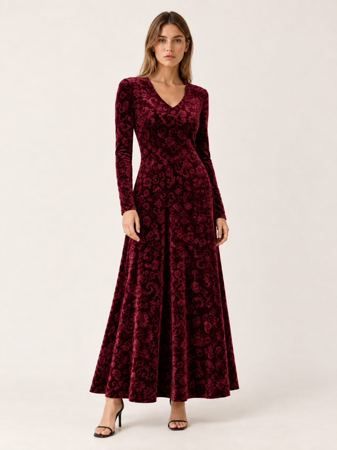 Brietta | Velour Maxi Dress with V Neck Jacquard Detail