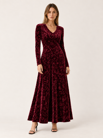 Brietta | Velour Maxi Dress with V Neck Jacquard Detail
