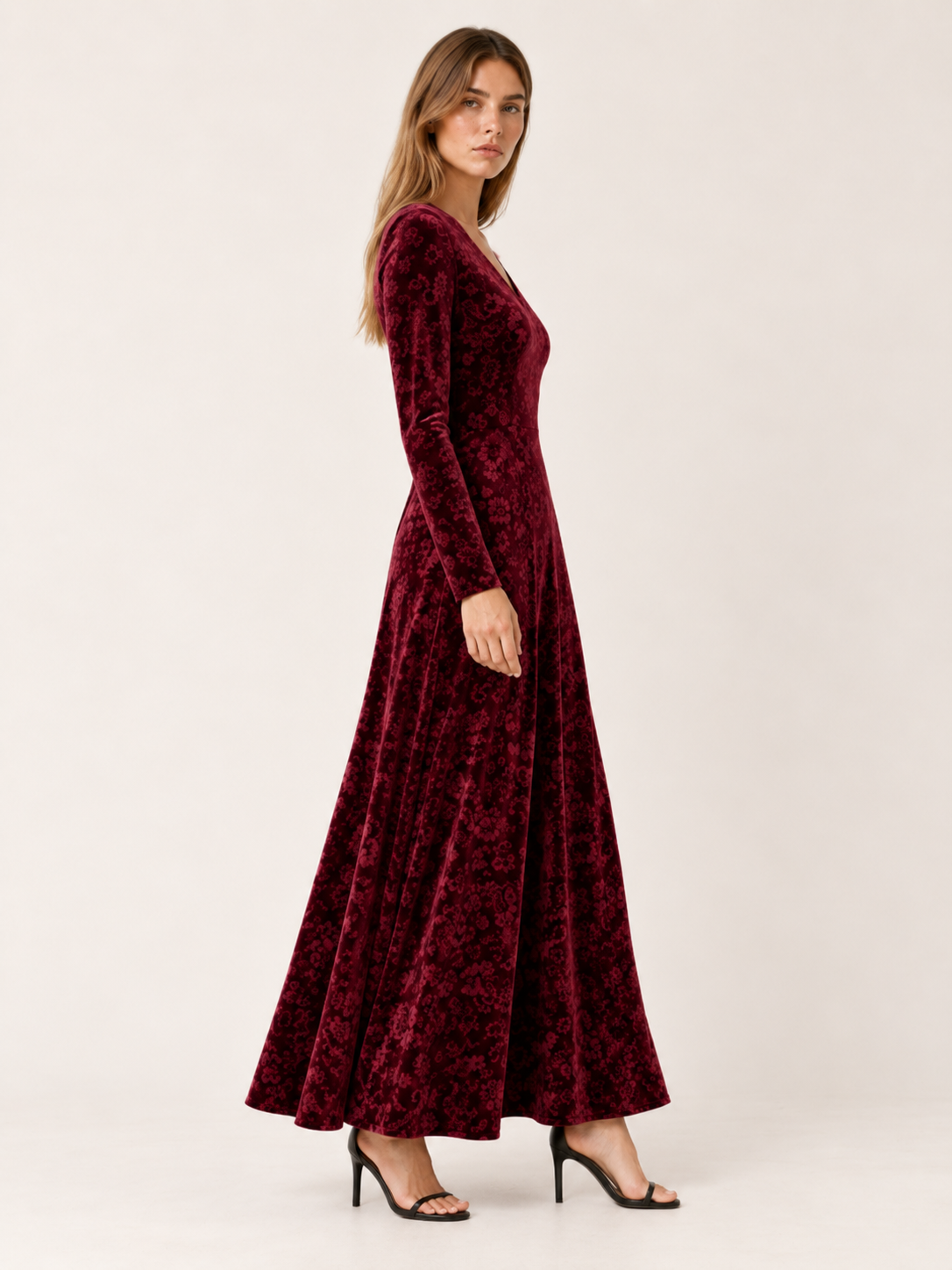 Brietta | Velour Maxi Dress with V Neck Jacquard Detail