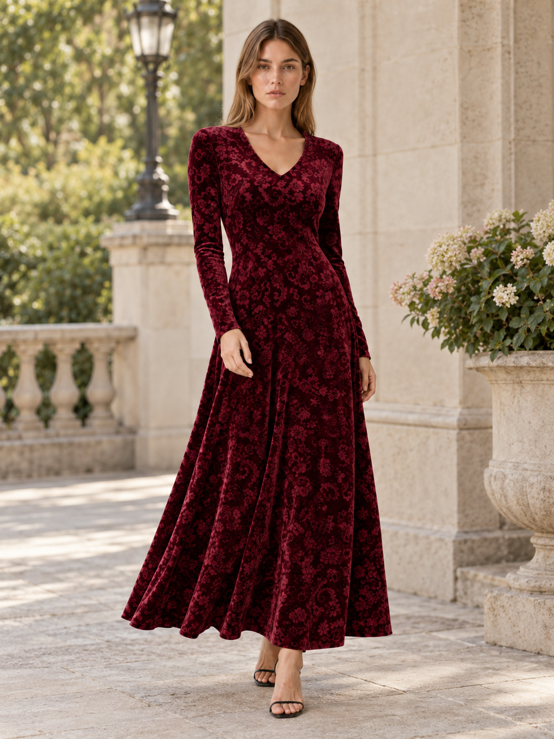 Brietta | Velour Maxi Dress with V Neck Jacquard Detail