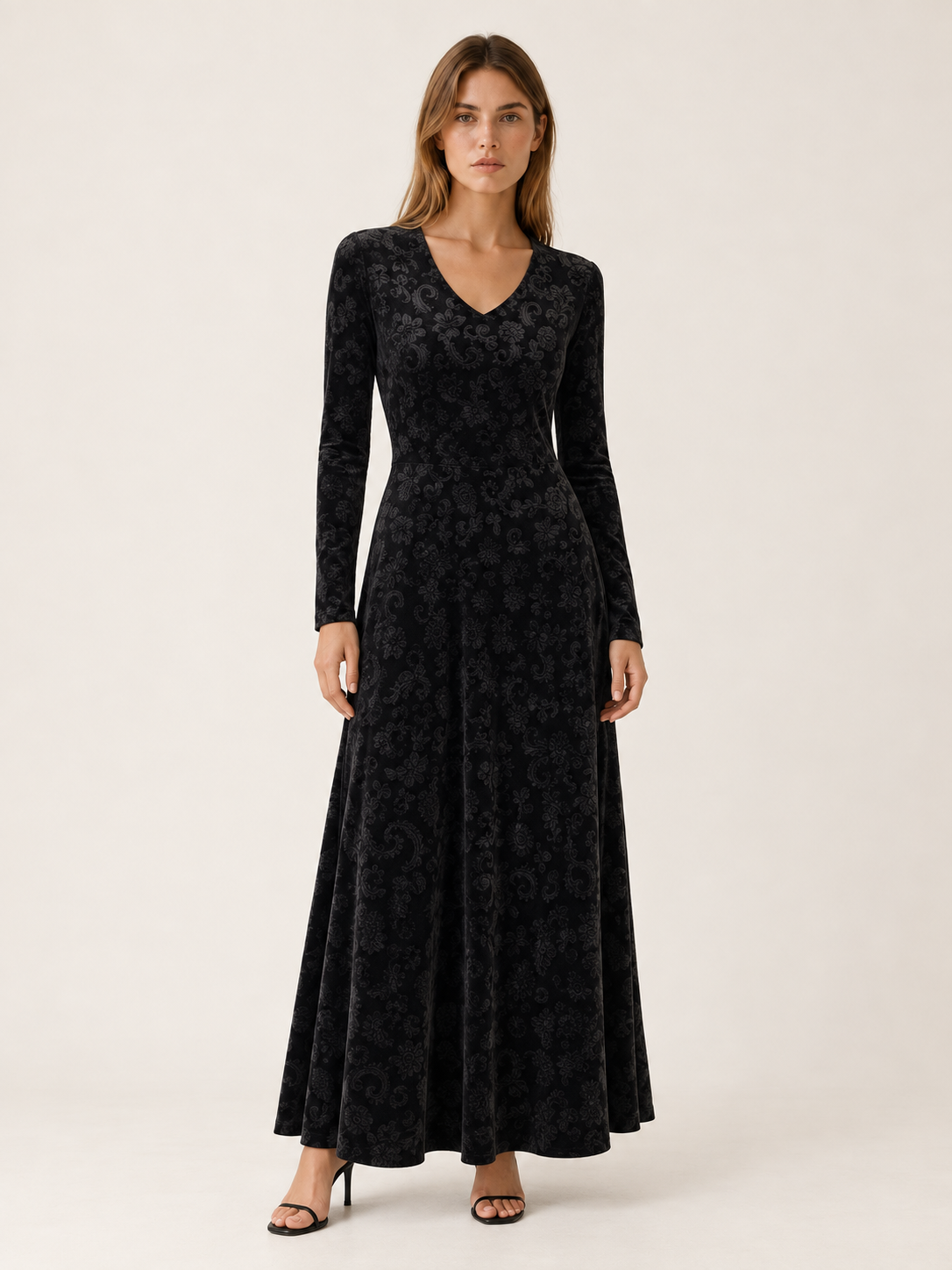 Brietta | Velour Maxi Dress with V Neck Jacquard Detail