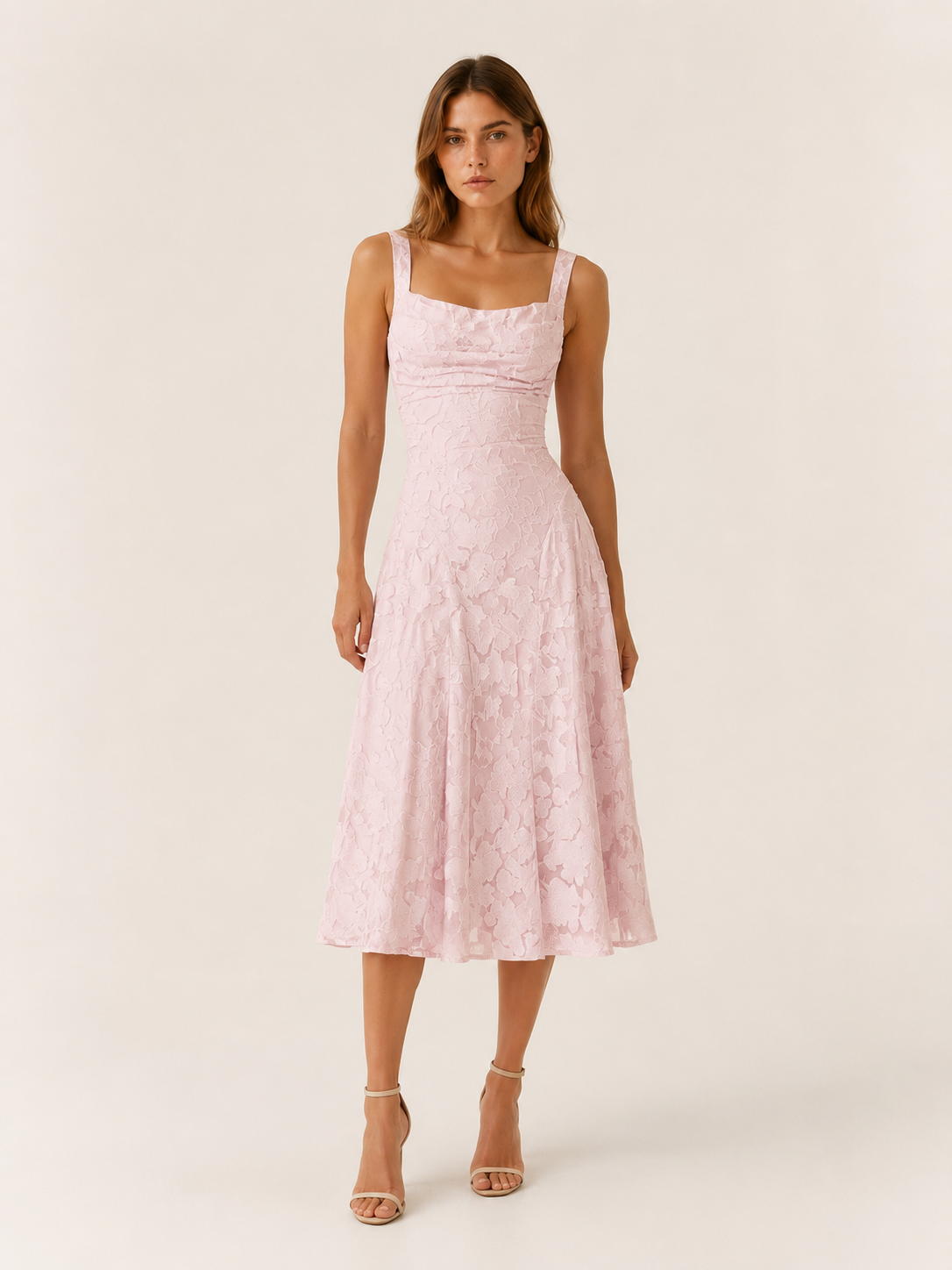 Briseis | Floral Lace Midi Dress with Square Neckline