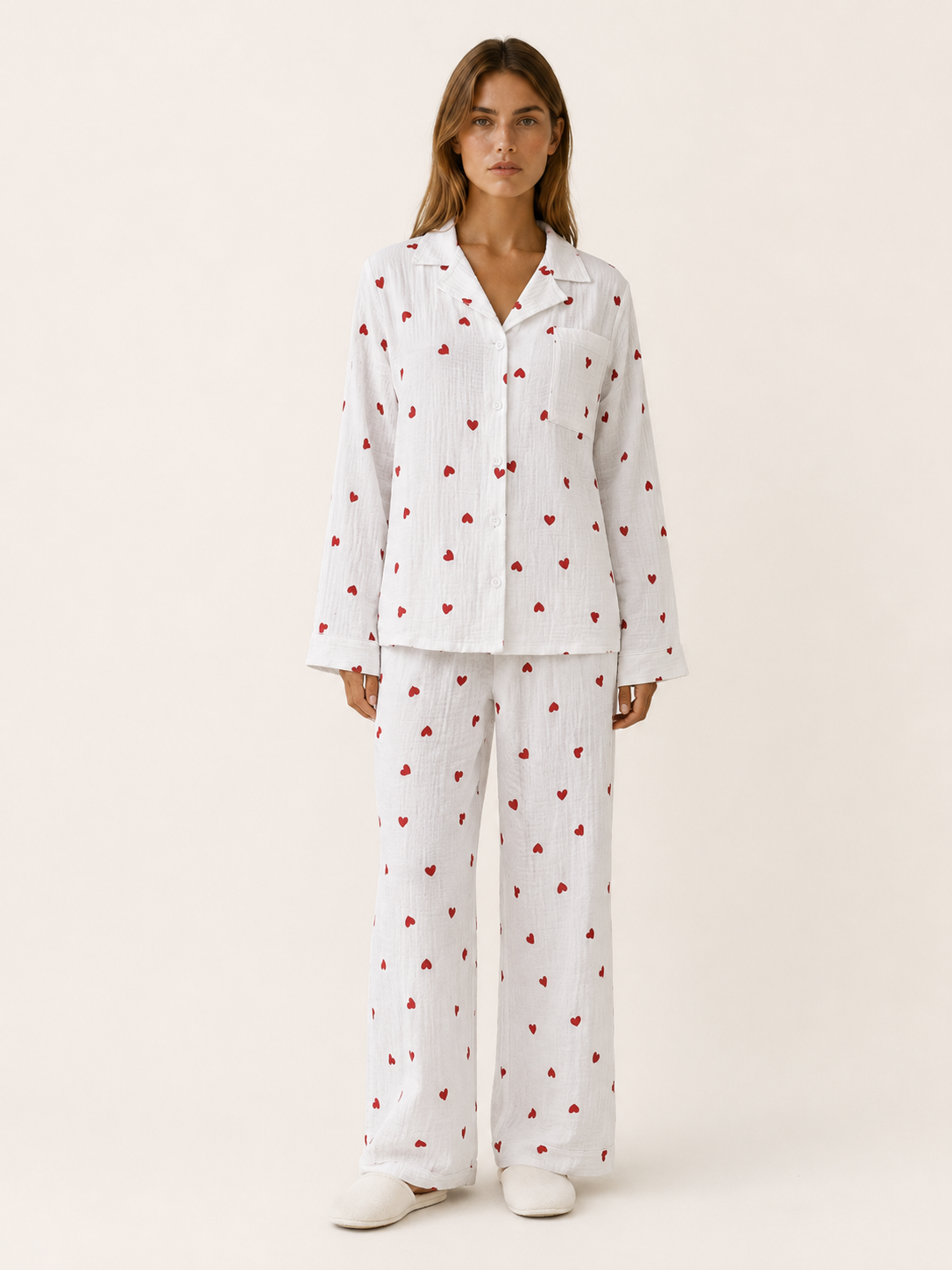 Bryony | Heart Print Pyjama Set with Button Shirt