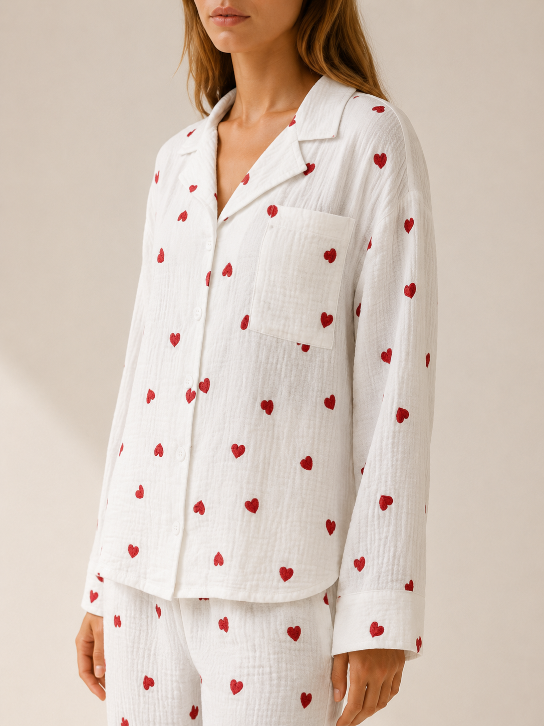 Bryony | Heart Print Pyjama Set with Button Shirt