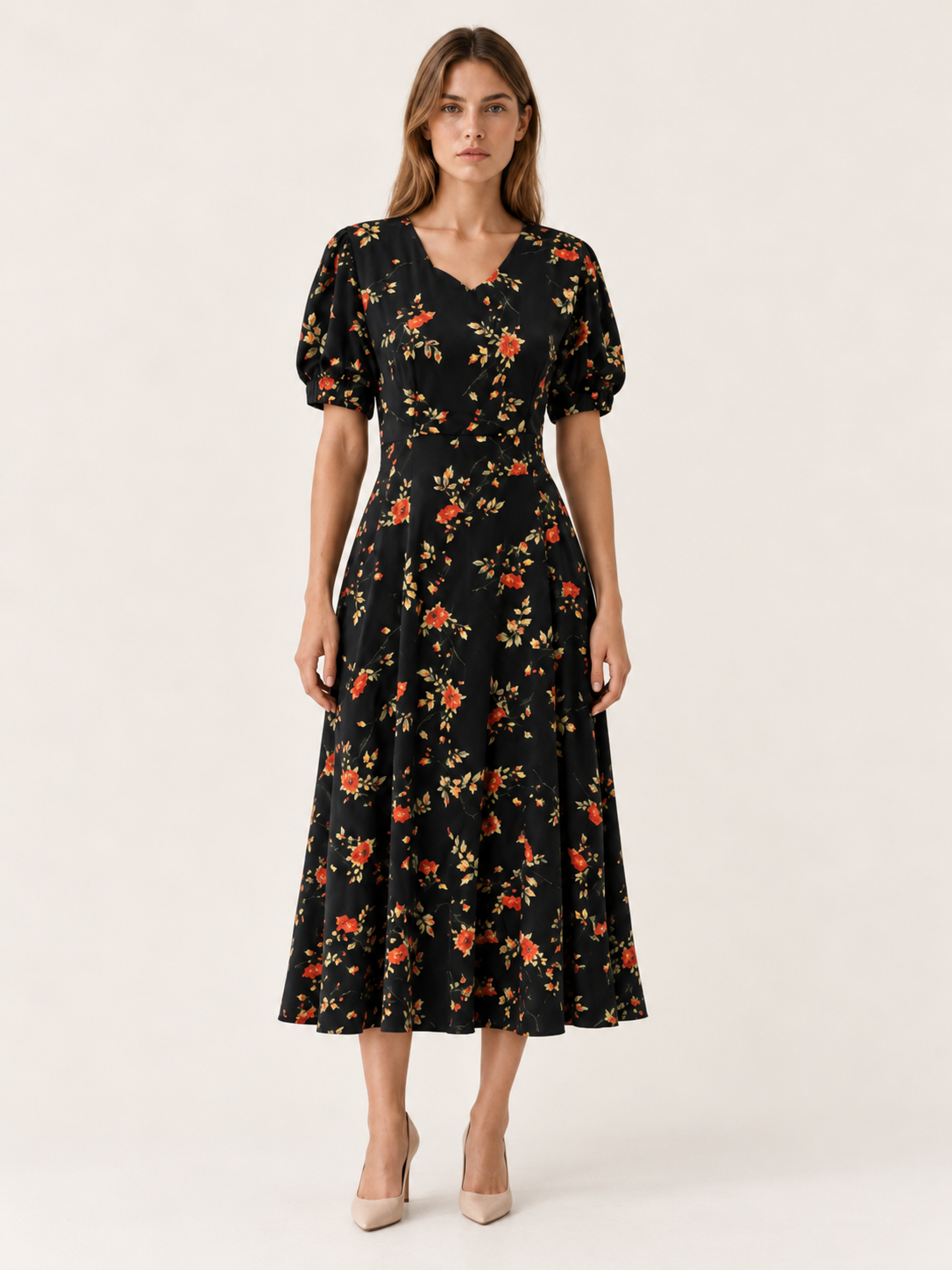 Cali | Floral Midi Dress with V Neck Short Sleeves