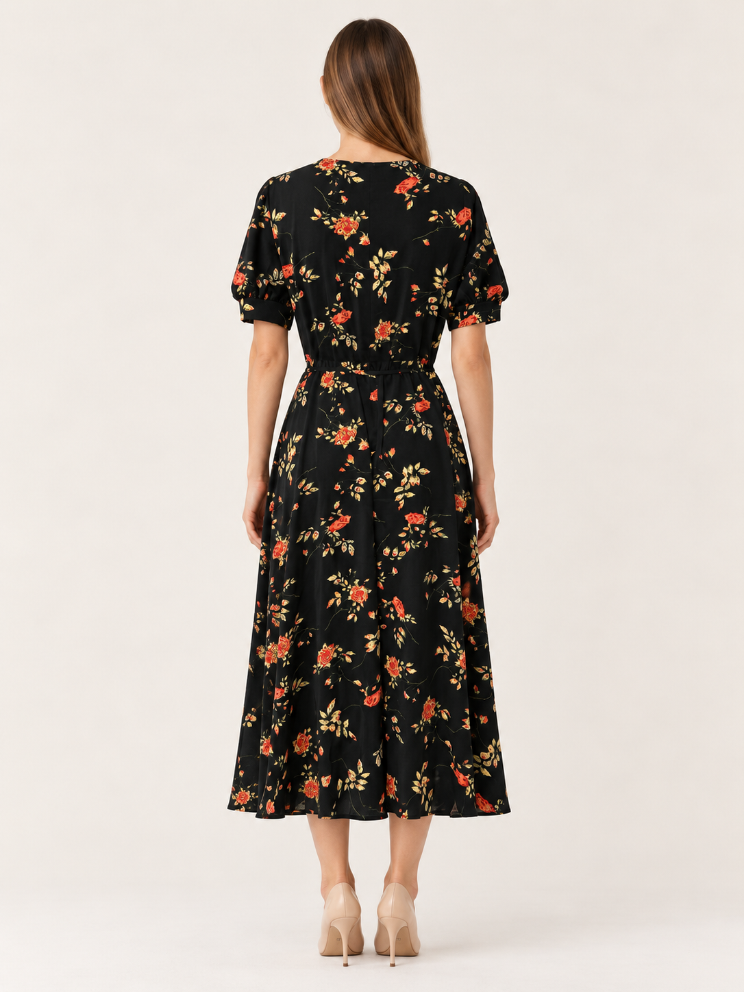 Cali | Floral Midi Dress with V Neck Short Sleeves