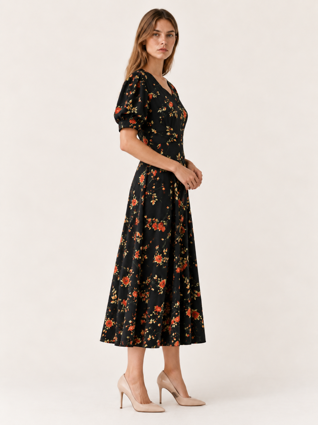 Cali | Floral Midi Dress with V Neck Short Sleeves